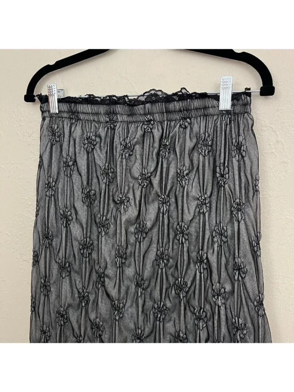 black floral quirky whimsical whimsygoth grunge mesh silk blend midi skirt - Picture 3 of 8